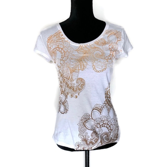 New York & Company Tops - NY & Company White Tee Shirt Gold Design Size S